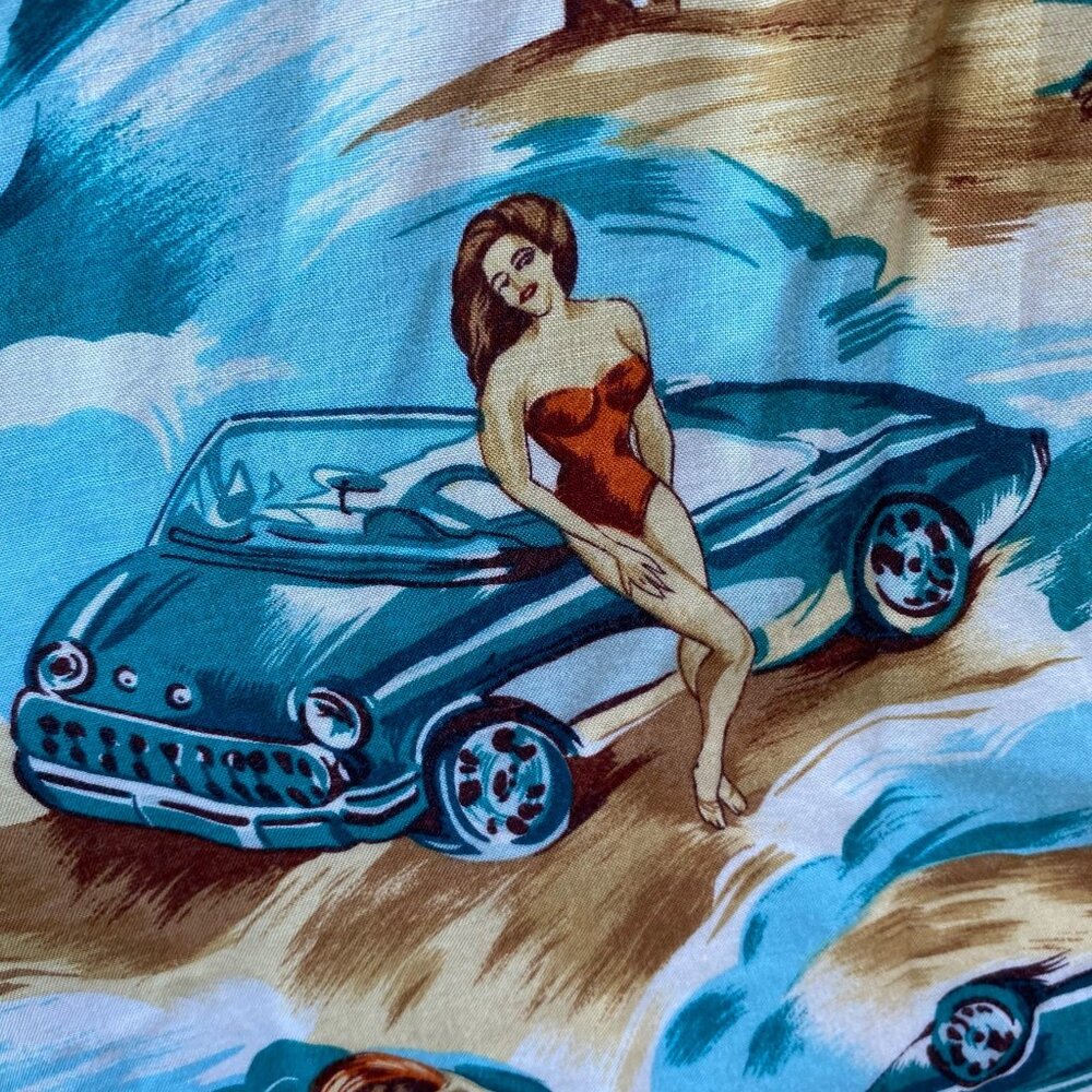 Marc Edwards Men’s Hawaiian Camp Shirt size XL Cars Convertible Pin Up Girl - Picture 4 of 14